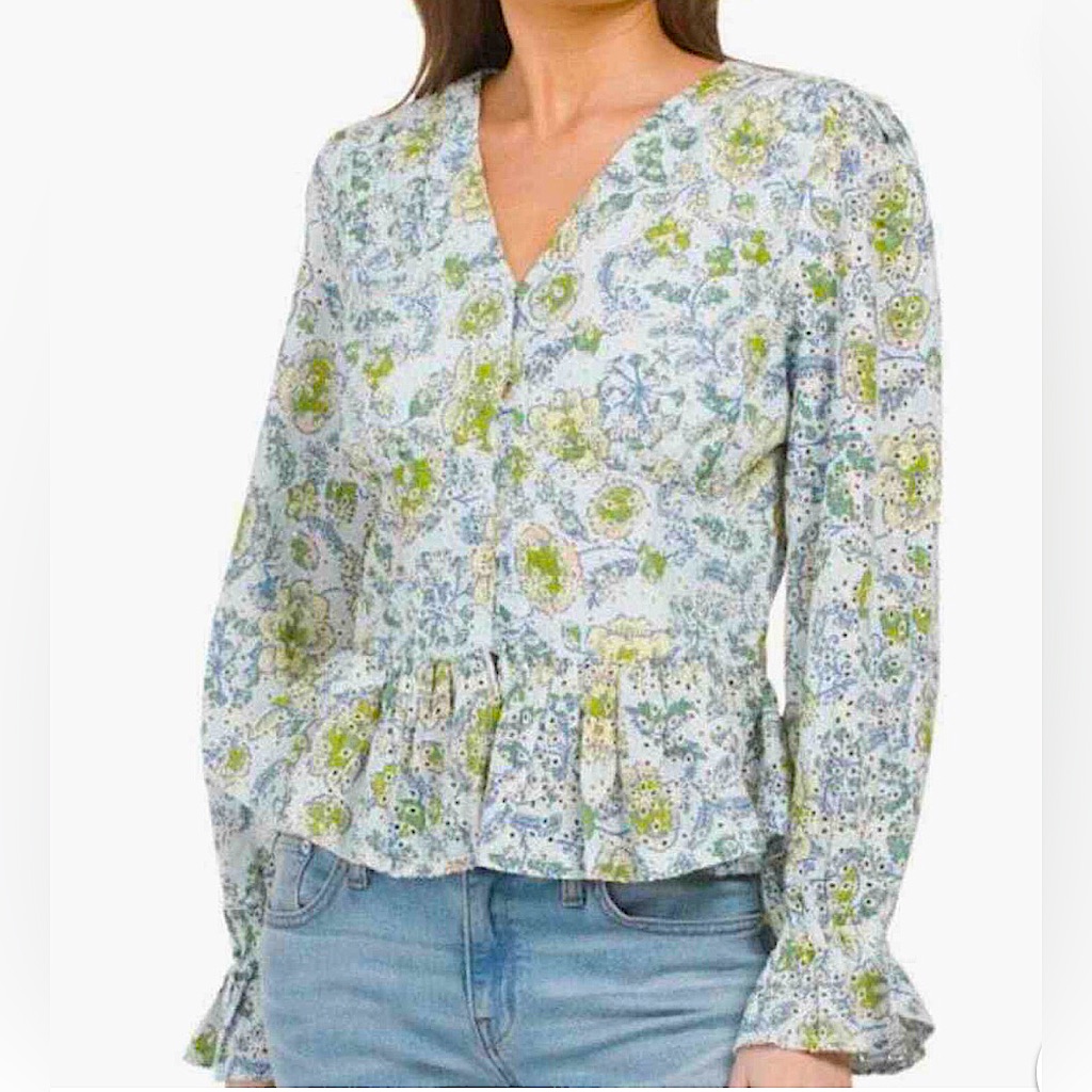 7 For All Mankind Eyelet Floral Peplum Top